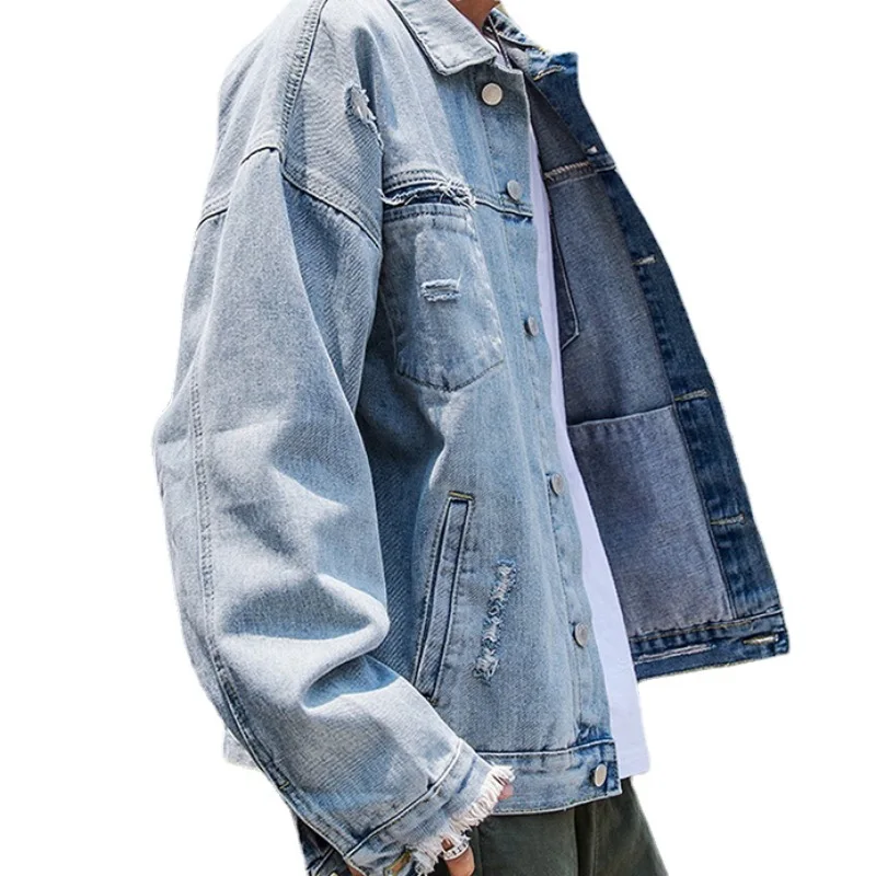 Veste en jean brodée d\'aile arrière pour hommes, manteau en denim, jean baggy, combinaison hip hop, mode Harajuku, streetwear décontracté