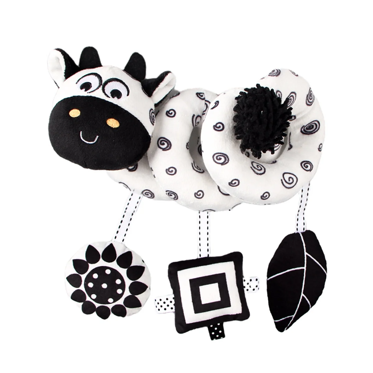 Simpatici giocattoli per bambini con seggiolino auto a spirale per mucca in bianco e nero, attività per carrozzina per passeggino, giocattoli appesi, giocattolo sensoriale ad alto contrasto