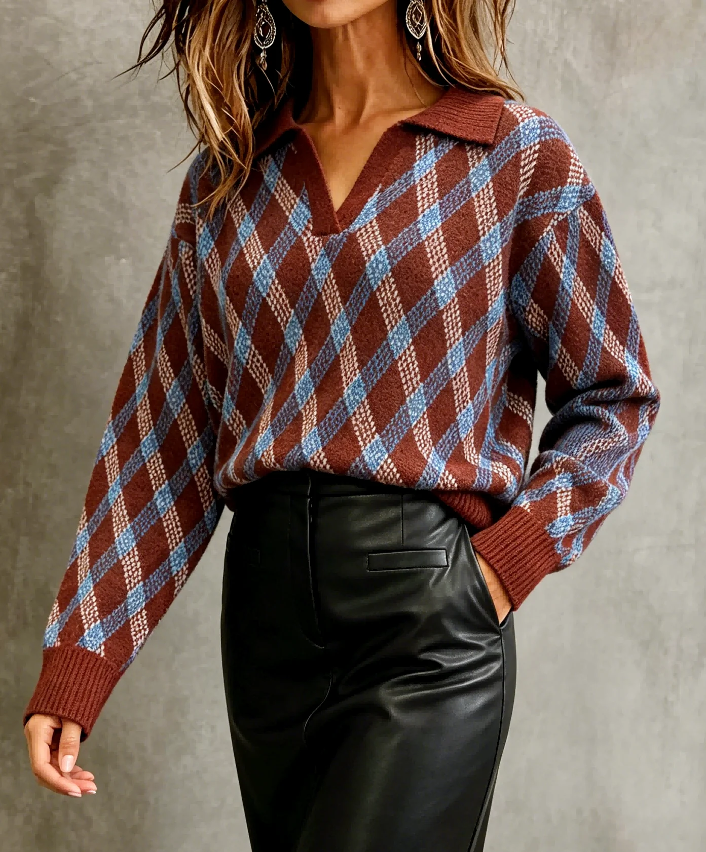 Plus Size Argyle Plaid Sweater Women Polo V Neck Long Sleeve Preppy Vintage Knit Pullover Loose Casual Autumn Winter Tops
