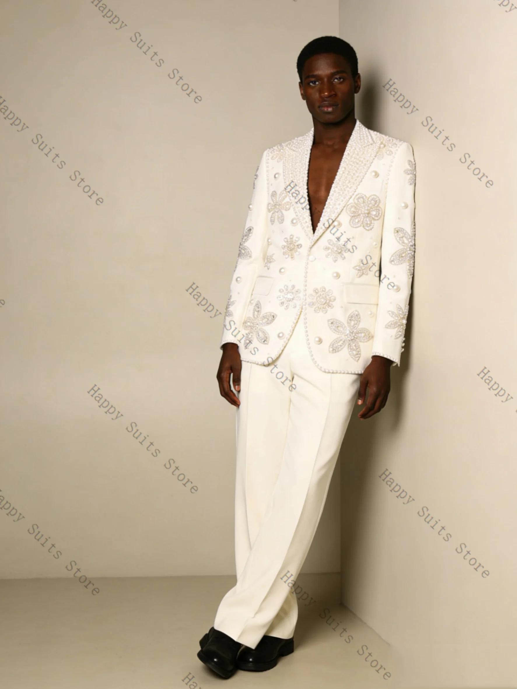 Men Suit Set 2 Pcs Groom Black Blazer+Pants Trousers Luxury Crystals Formal Office Coat Wedding Tuxedo Customized Jacket Outfit