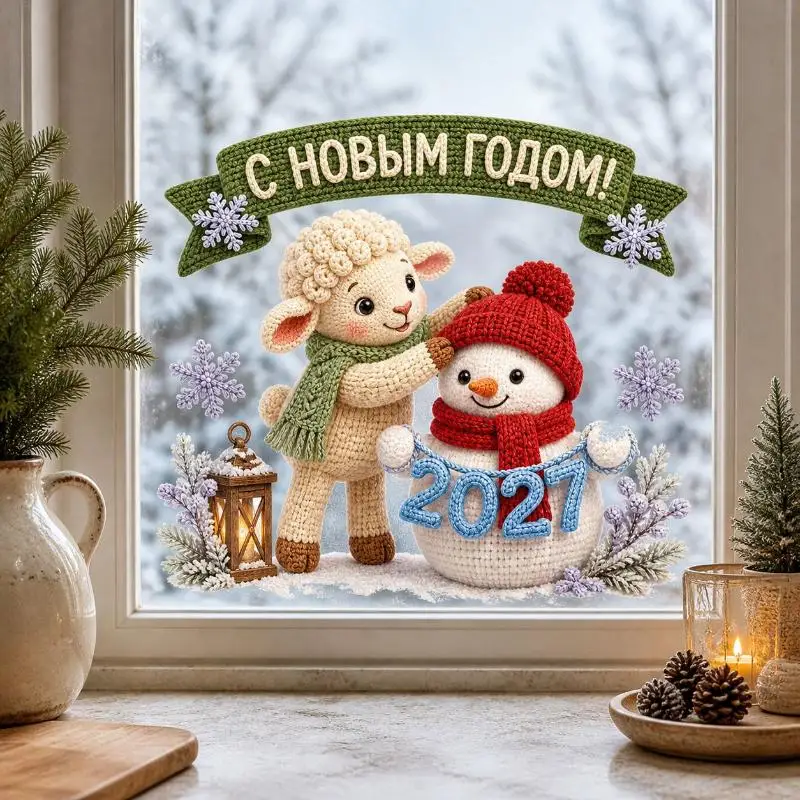 2027 Zodiac Sheep Christmas Window Sticker Cute Lamb Snowman Static Cling Glass Decal For New Year Holiday Home Decor Kit