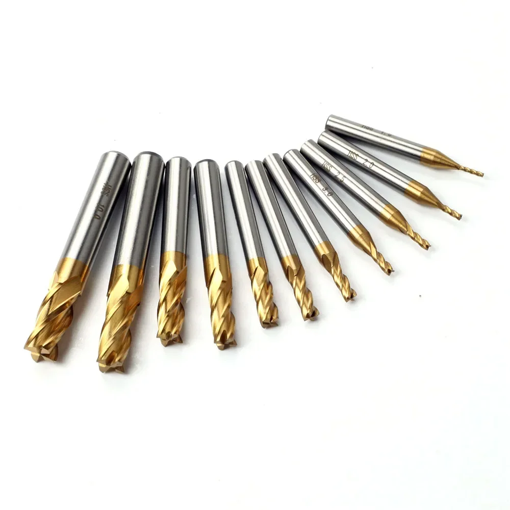 1Pc/7Pcs/11Pcs Milling Cutters 4-Flute Titanium Coated HSS End Mill Set 1.5-10mm CNC Router Bit For Wood Steel Milling