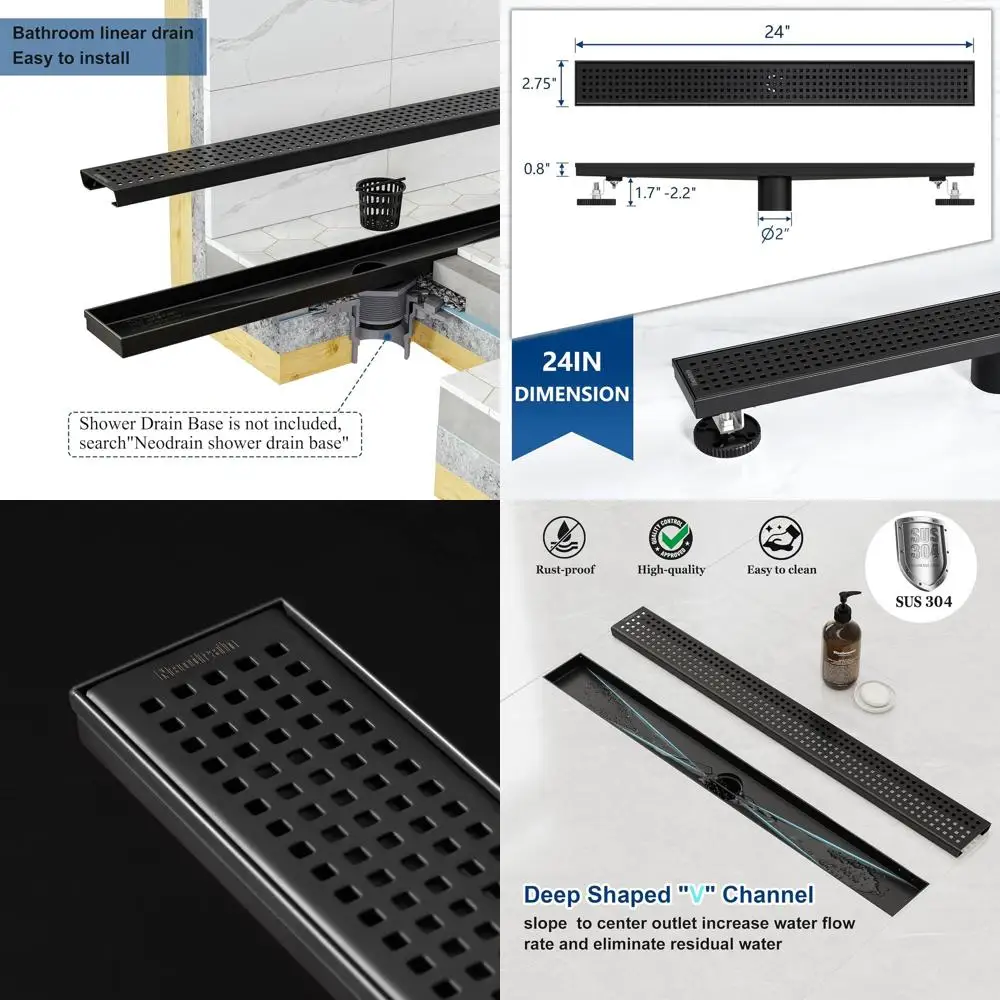 

24-Inch Matte Black Linear Shower Drain with Removable Grate, 304 Stainless Steel, Leveling Feet and Hair Strainer