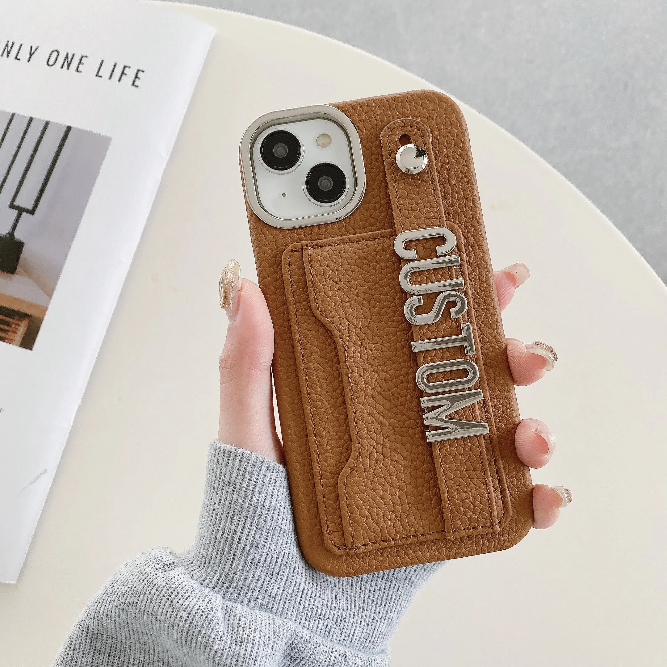 Customized Letters name Genuine Leather Phone case for iPhone15 14 13 12 ProMax 15Plus Personalized Cardholder wristband Cover