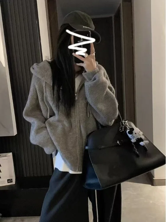 

Loose Women's ey Zipper Knitted Hoodie Outerwear Cardigan Autumn Winter Casual Sle Layering Top Faionable Girl's Sweats...