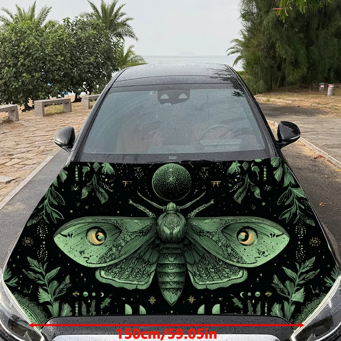 Car Decal Green Moth with Eye-Detailed Wings in Artistic Insect-Enigmatic Style - Bold Terrestrial Mysterious Fantasy Aesthetic