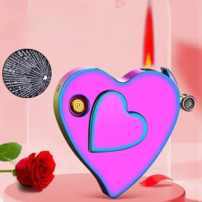 Creative Love Double Flame Windproof Red Fire Gas Lighter Side Sliding Tungsten Wire Ignition Electric Lighters Smoking Gadgets