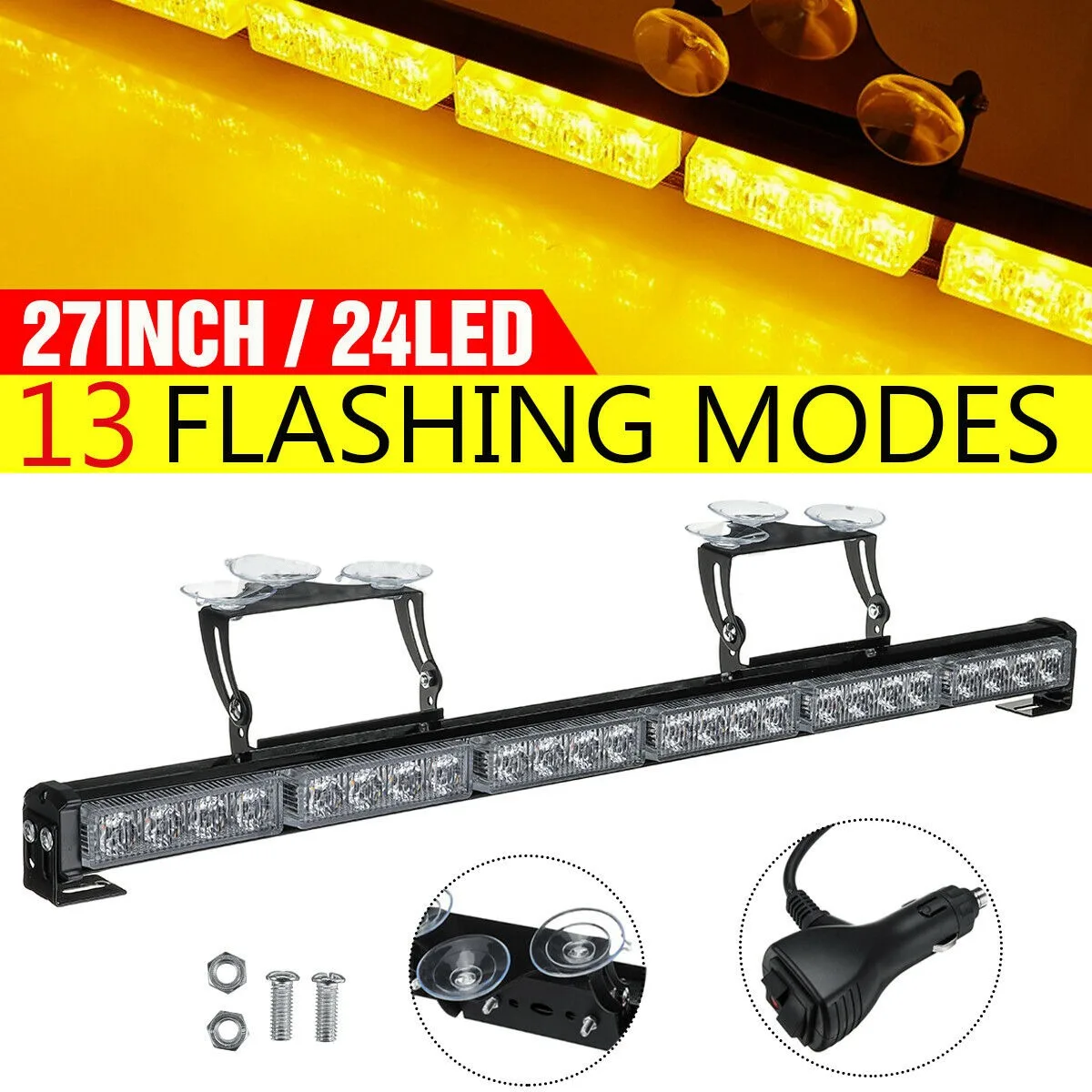 27 Inch 24 LED Amber Emergency Warning Strobe Flash Flashing Bar Light Lamp Beacon 72W