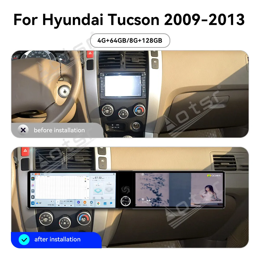 

12.3-дюймовый автомобильный радиоприемник с двумя экранами на Android 13 для Hyundai Tucson 2009-2013, мультимедийный видеоплеер, GPS-навигация, CarPlay, DSP