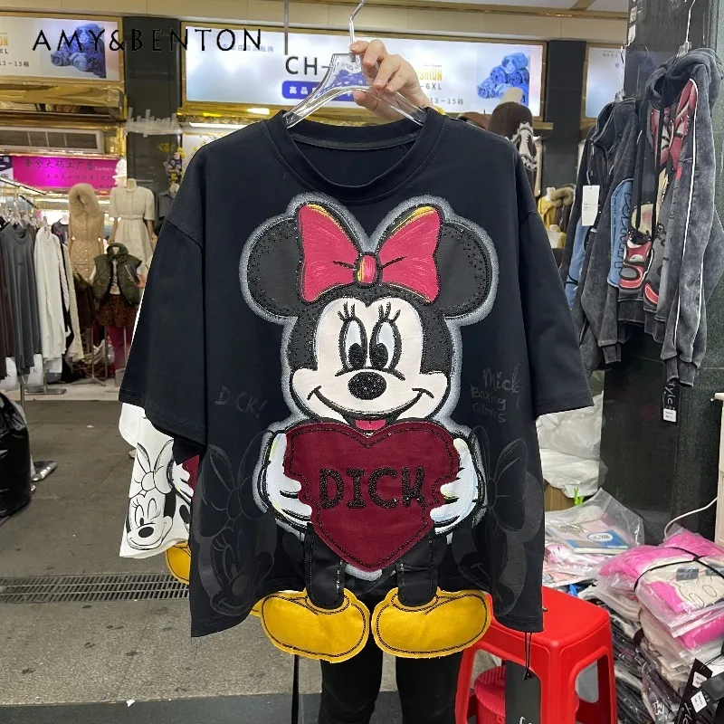 

Youthful Fashion Loose Short Sleeved T-shirt Top 2025 Autumn New Heavy Craft Cute Cartoon Foot Sweet Tees Pullover For Ladies