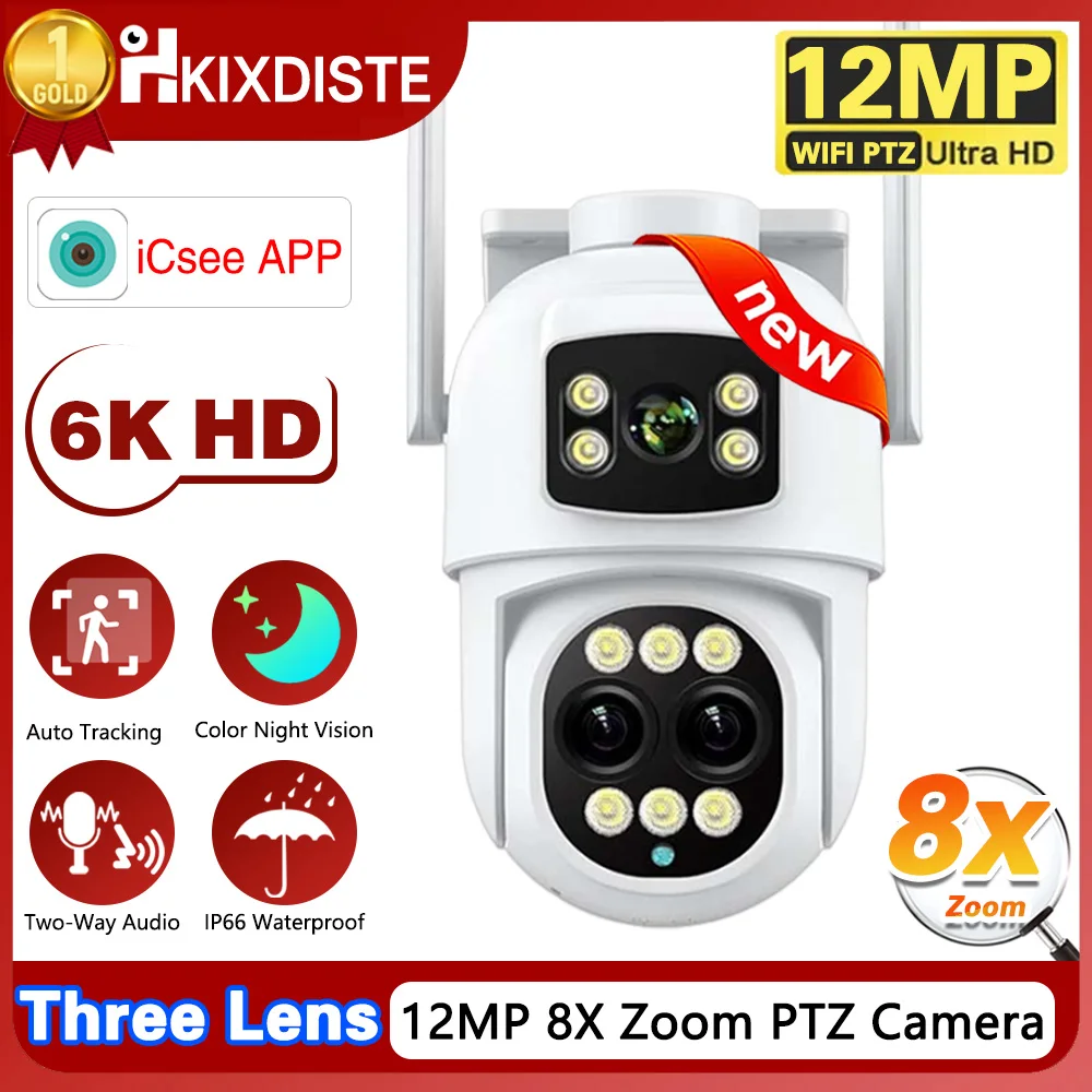 

Wireless Network Surveillance IP Camera PTZ 12MP Three Lens 8X Zoom WIFI Camera Outdoor Smart Home Wi-Fi Security CCTV iCSee