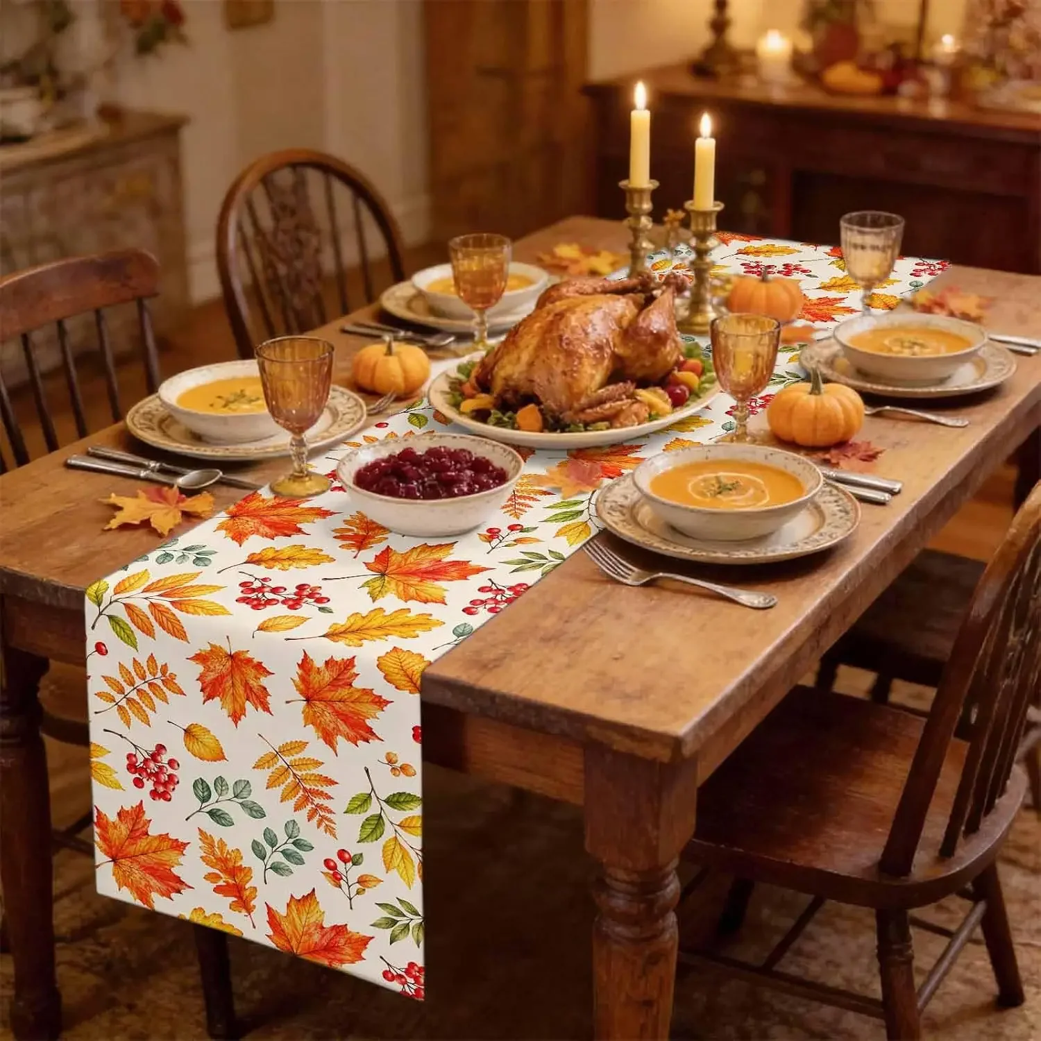 1Pc Autumn Leaves Table Runner Cream Maple Leaf Berry Print Table Cover For Dining Kitchen Party Decoration Tabletop Decor