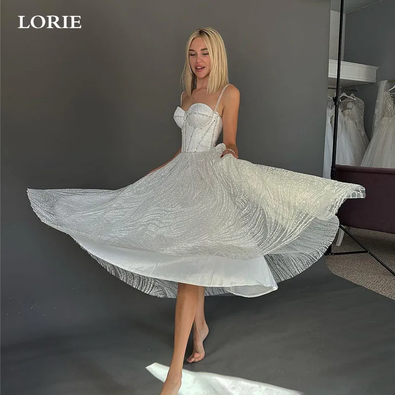 

LORIE Spaghetti straps Wedding Dresses A Line Shiny Glitter Tea Length Bride Dress Sweetheart Neck Vestidos de novia 2024