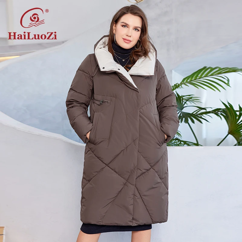 HaiLuoZi 2023 nueva chaqueta de invierno de talla grande con cremallera larga Parka femenina de alta calidad Color sólido abrigo cálido de moda para mujer 1122