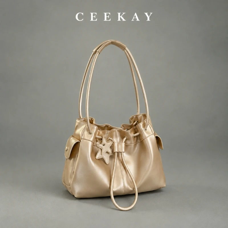 CEEKAY Leather Bucket Bag Drawstring Star Charm Top Handle Versatile Everyday Commute Casual Large Capacity Purse Women's