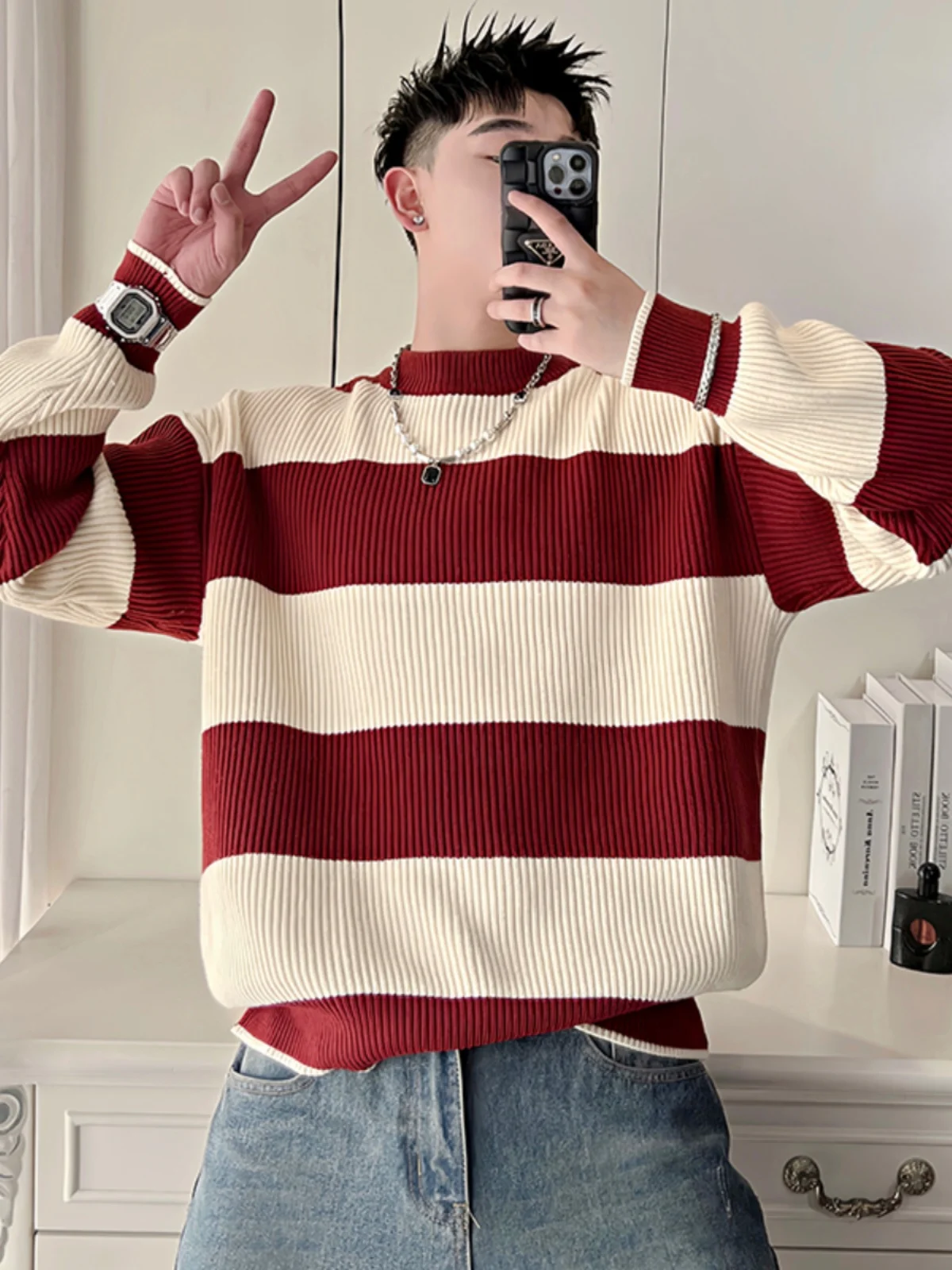 

Модный мужской свитер в ленивую полоску в стиле ретро Thiened Long Sve Base irt, осень-зима, новый вязаный молодежный свитер Vitali Sle Casua...