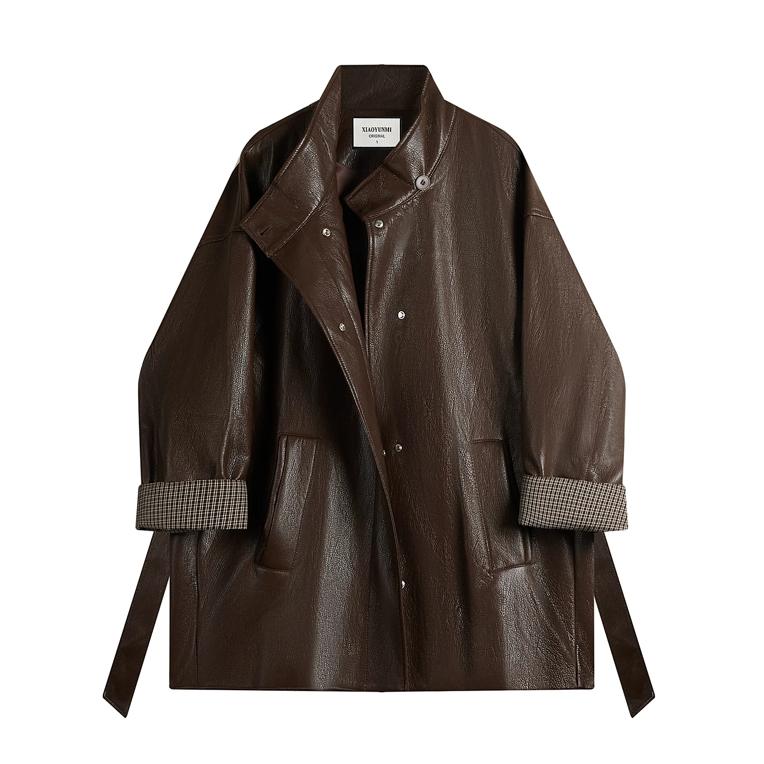 Women's Dark Brown Faux Leather Trench Coat New Stand Collar Loose Mid Length Vintage Leather Motorcycle Jacket Lady Streetwear