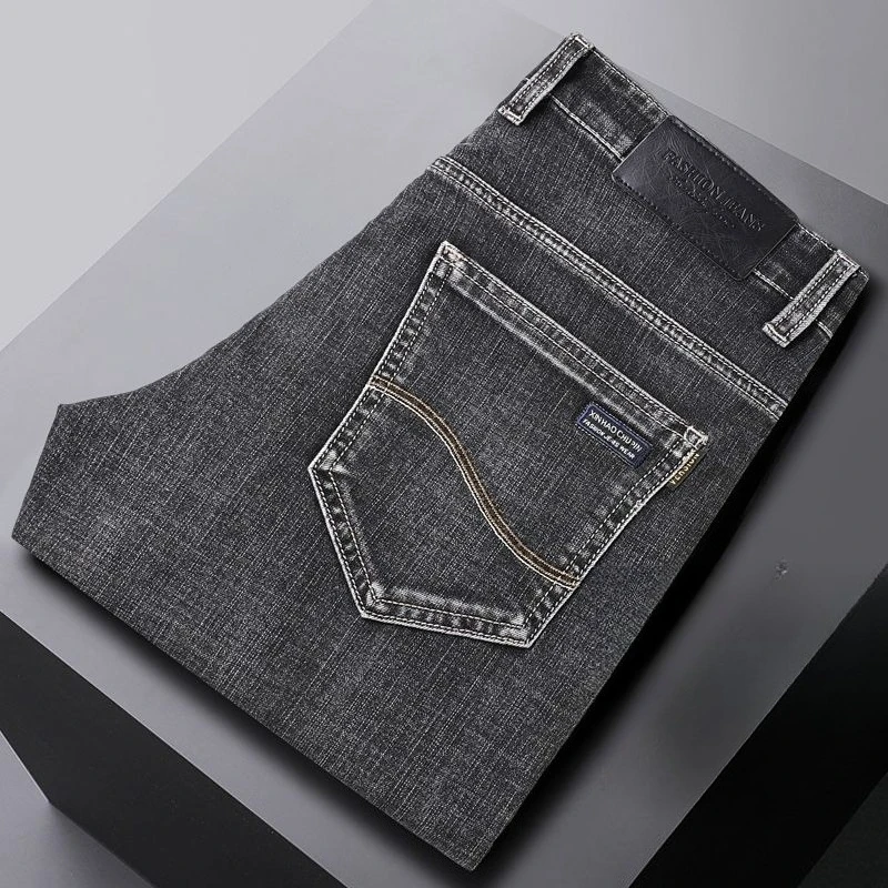 الخريف الشتاء القطن الرمادي رجالي سليم صالح مستقيم الجينز الأعمال عادية مطاطا كل مباراة سراويل أنيقة سراويل جينز الذكور العلامة التجارية #1
