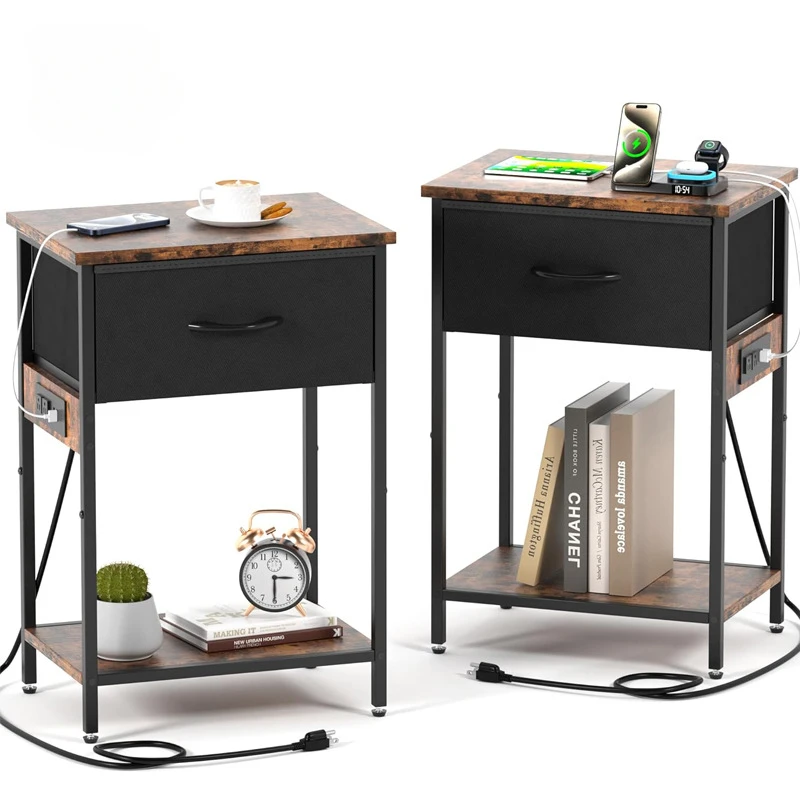 طاولة نهاية متعددة الوظائف مع محطة شحن لاسلكية وتخزين 3 في 1 منضدة حديثة/خزانة بجانب السرير لغرفة المعيشة