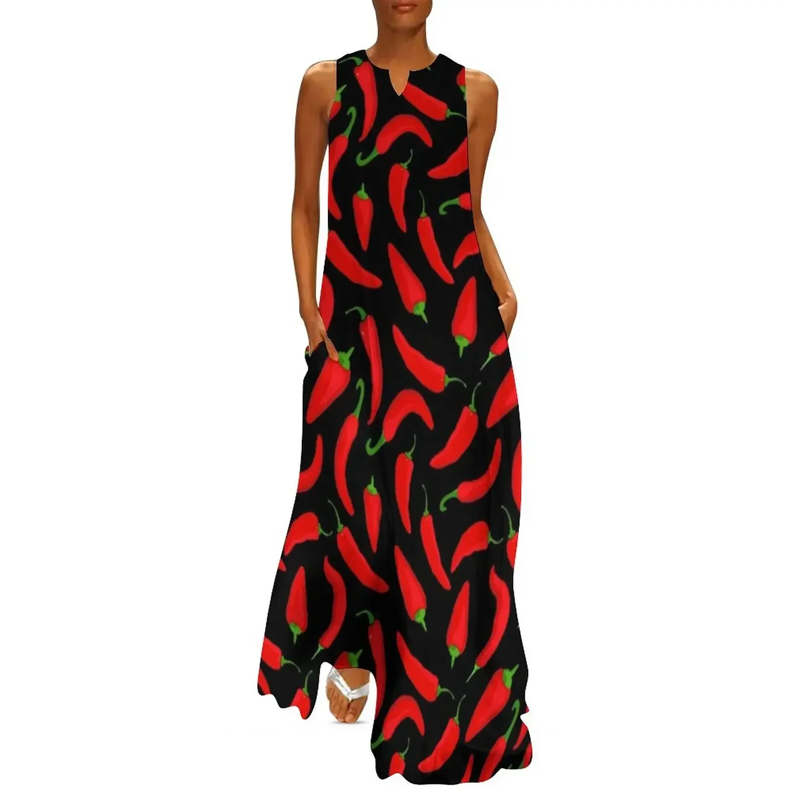 

Red Chilli Pepper Pattern on Black Long Dress Evening gown Dress