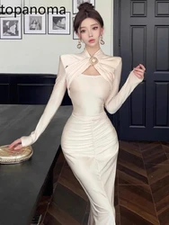 Topanoma Cocktail Dresses Women Wedding Party Halter Hollow Out Long Sleeve Elegant Evening Dress Ladies Temperament Banquet