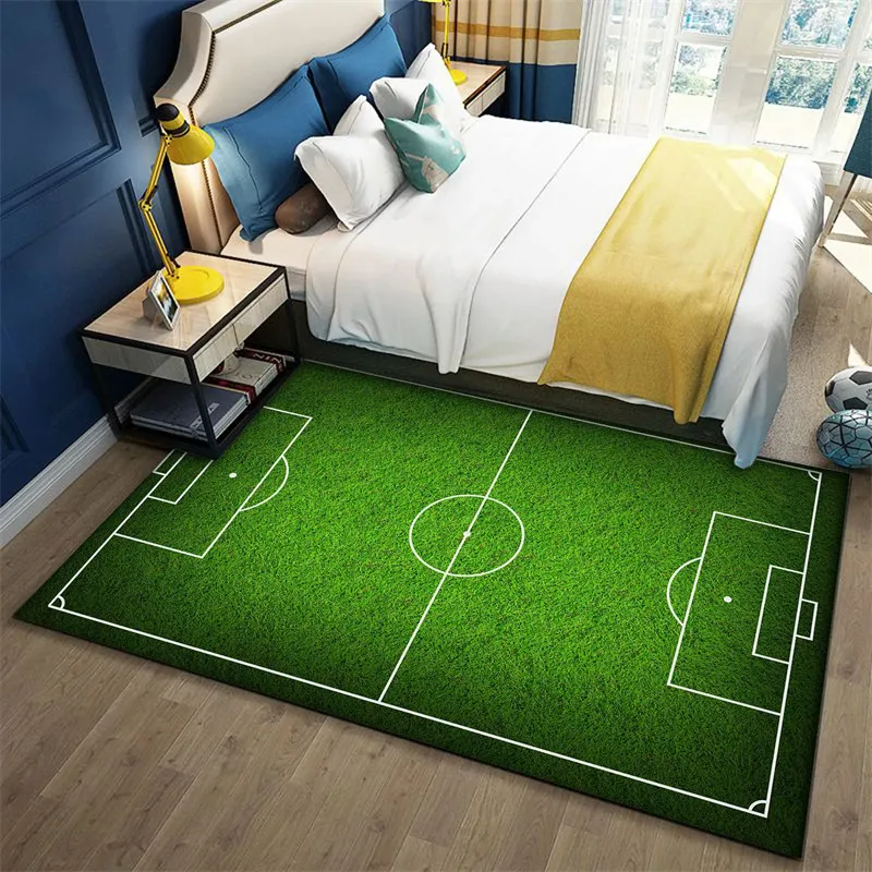 Cartoon Football Field Carpet Sports Theme Play Mat for Boys Girls Green Soccer Field Floor Mat Gift for Football/Soccer Lovers