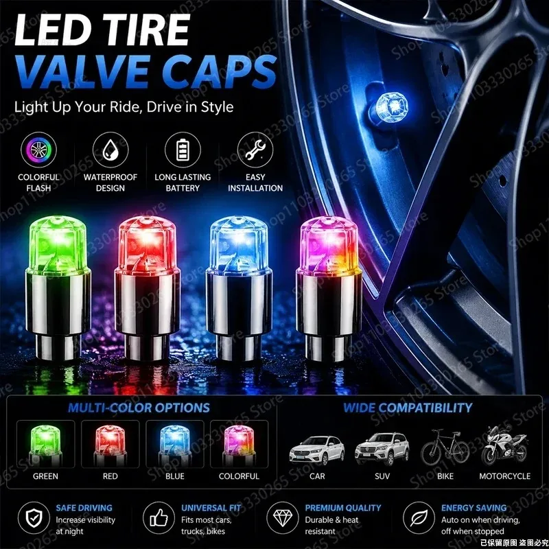 Car Tire Valve Cap Lights Multi-Color Flash Durable LED Tire Lights Cap For Car Moto Bicycles Electric Vehicles Tire Valve Cap
