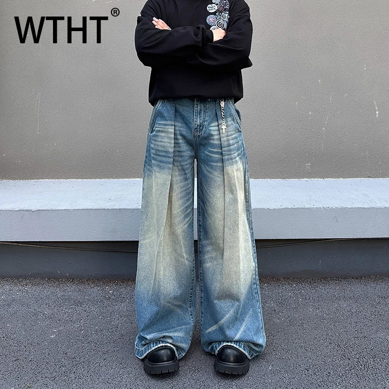 

WTHT Fashion Men's Wash Do Old Pleated Design Denim Pants Vintgae Casual Wide Leg Straight Jeans Male 2026 Spring 2A2674