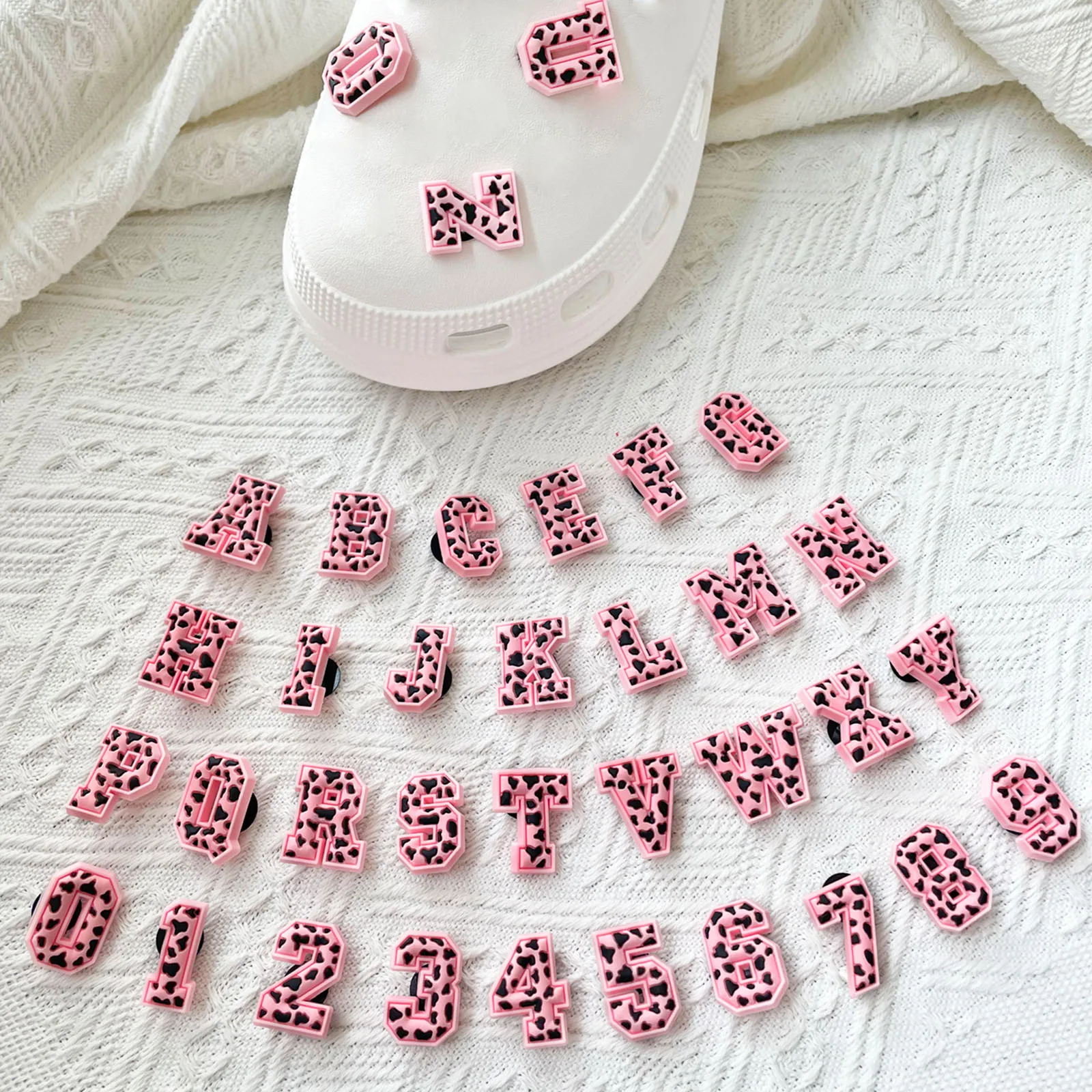 37Pcs Pink Leopard Alphabet Letter Series Shoe Charms For DIY Charms Shoe Decoration Accessories Bubble Slides Sandals Shoe Pins