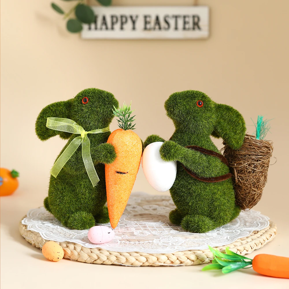 Easter Bunny Green Straw Doll Decor Moss Rabbit Egg Carrot Table Ornament Easter Spring Garden Simulated Rabbit Statue Home Deco