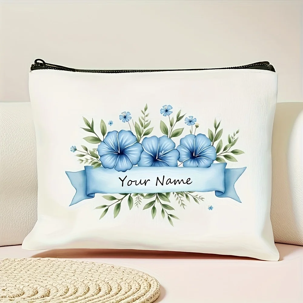 Custom Name Blue Floral Ribbon Design Element Handbag Makeup Pouch Durable Large Capacity Storage Bag for Parties Travel