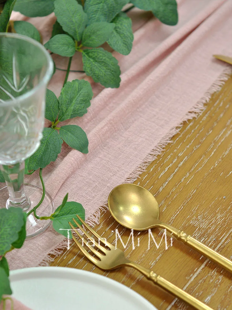 Pure Cotton Table Runner Dust Pink Rustic Gauze Cloth Dining Retro Burr Texture Vintage Wedding Party Linen Christmas Decoration