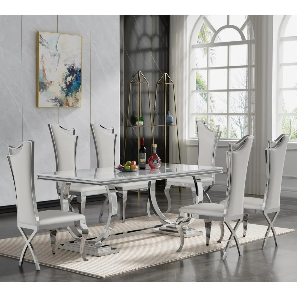 70 Inch Luxury Marble 6-person Dining Table Set, Artificial Marble Dining Table with 6 White Leather Dining Chairs Set