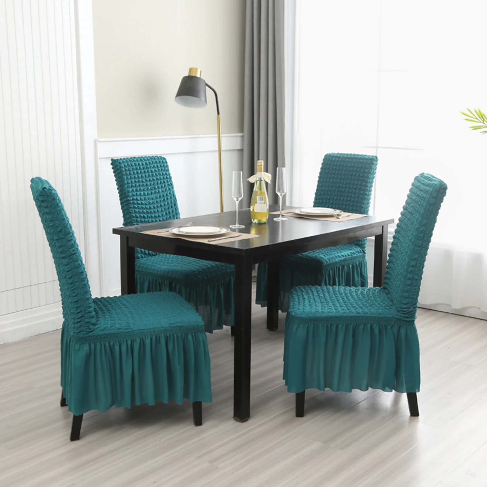Dining Chair Covers Solid Bubble Stretch Chair Slipcover with Skirt Gauze Textured High Chairs Protector Banquet Dining Party
