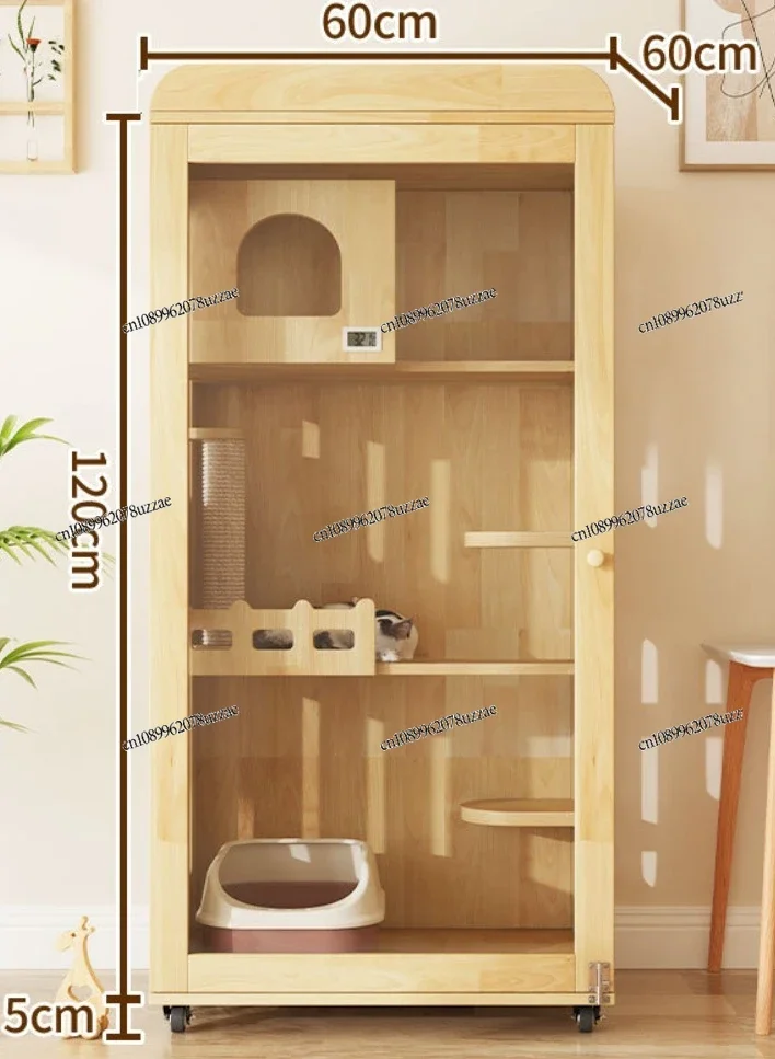 Natural Solid Wood Cat House Villa Freestanding Indoor Cat Cage Spacious Rest Space For Household Pets