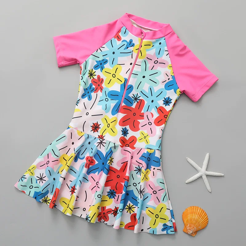 Girls Floral Print Dress Kids Short Sleeves Jumpsuits Swimsuits Children Summer Princess Beachwear 2024 New Baby Sports Vestidos