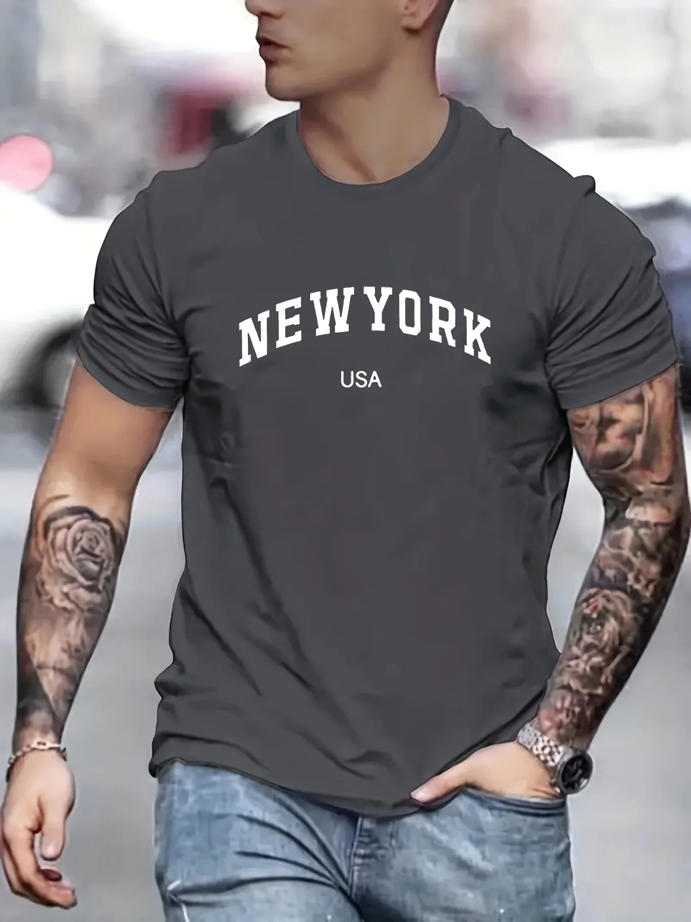 Men\'s 100 cotton summer fashionable casual loose plus size new York Usa printed slim fit sports round neck short sleeved T-shirt