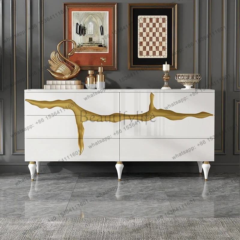 new Chinese chest cabinet solid wood rock slab six chest cabinet living room high-end marble chest