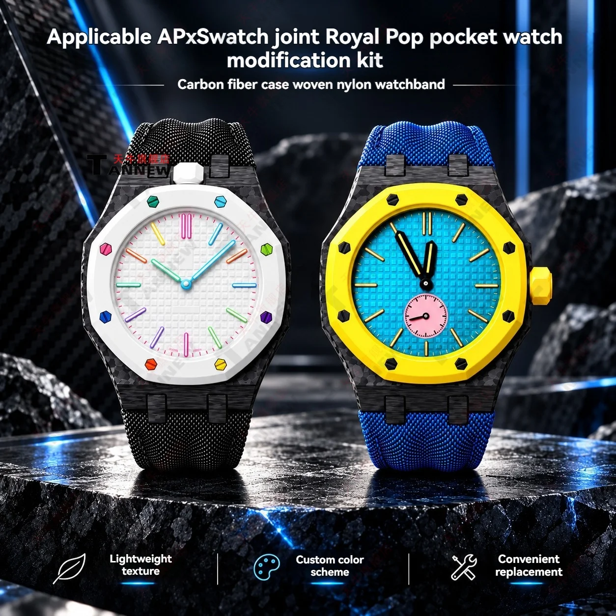 Carbon Fiber Case Woven Nylon Watch Strap for AP x Swatch Royal Pop Pocket Watch DIY Replacement Upgrade Mod Accessories