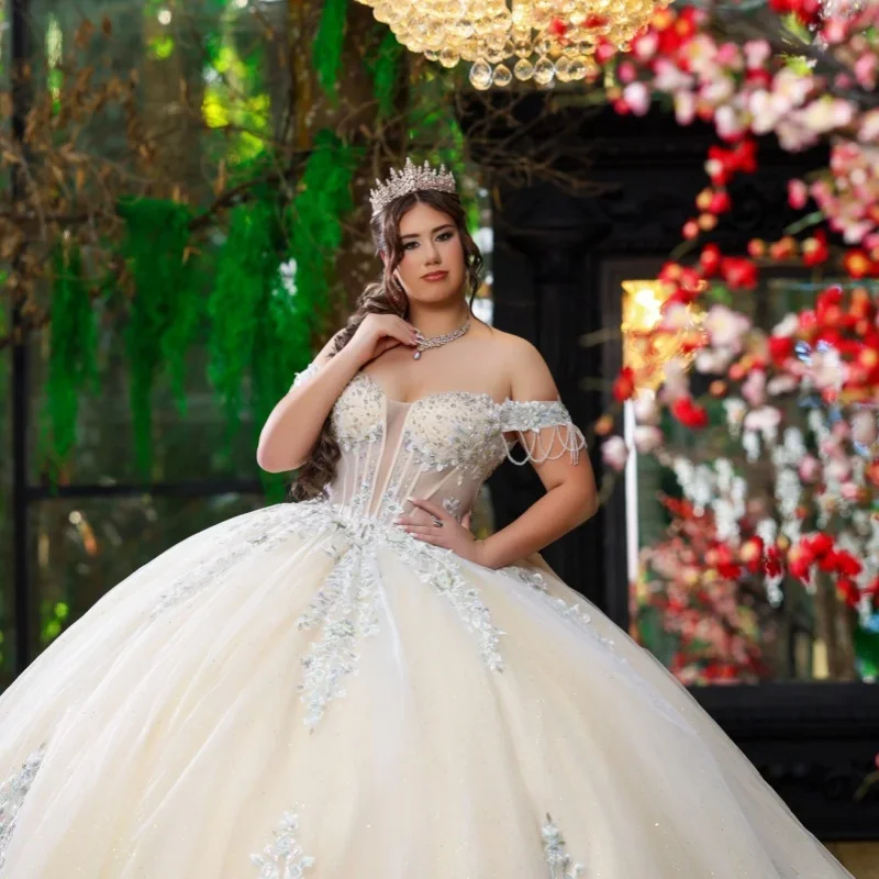 

Light Champagne Quinceanera Dress off-shoulder Crystal Decal Long tail Bow vestidos de 15 Quinceanera ﻿