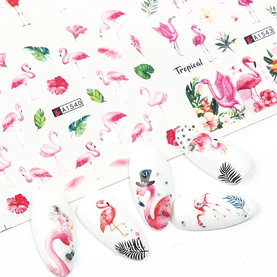 12pcs Flamingo Nail Sticker Flower Leaf Water Decal Transfer Nail Sliders Summer Tattoo Nail Art Decoration Tip JIA1537-1548-1