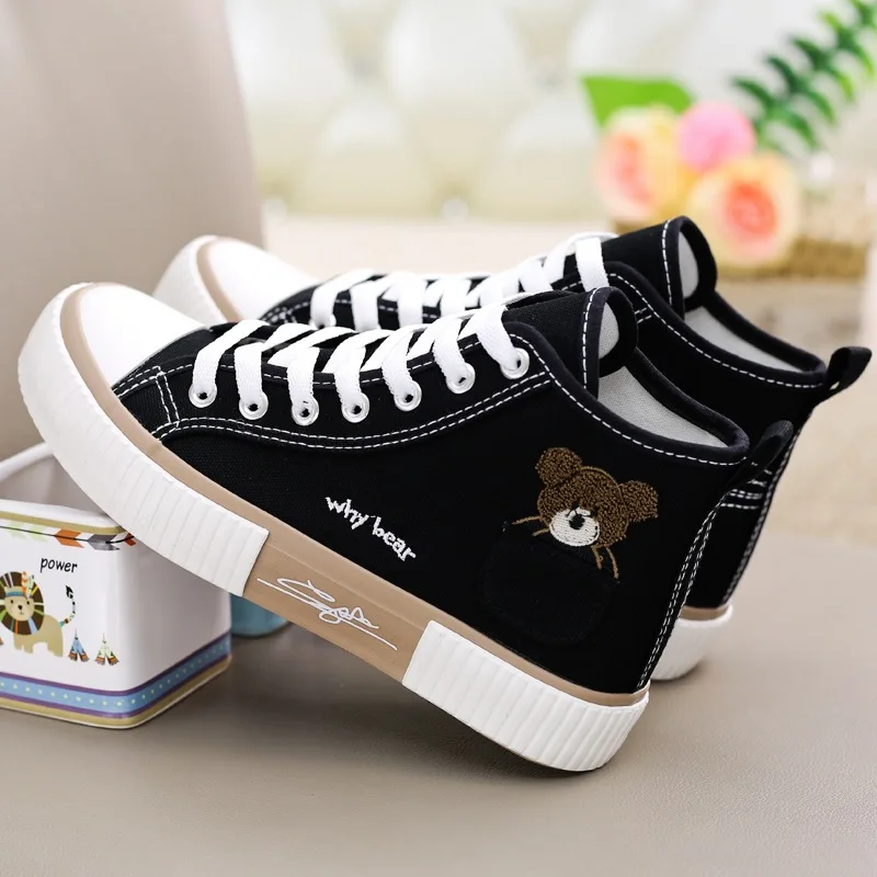 Bear High-top Shoes Canvas Shoes All-match Sneakers Spring Casual and Comfortable 2024 New Niche Women\'s Shoes