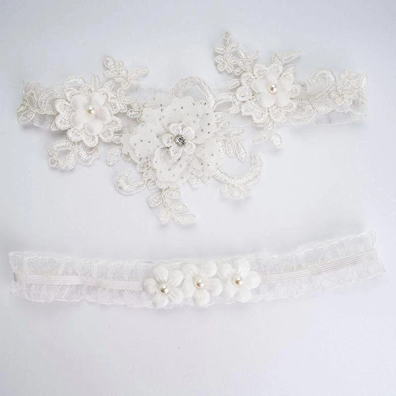 2Pcs/Set Womens Bridal Stretch Wedding Thigh Rings Embroidery Flower Faux Pearl Rhinestone Jewelry Prom Party Leg Garter