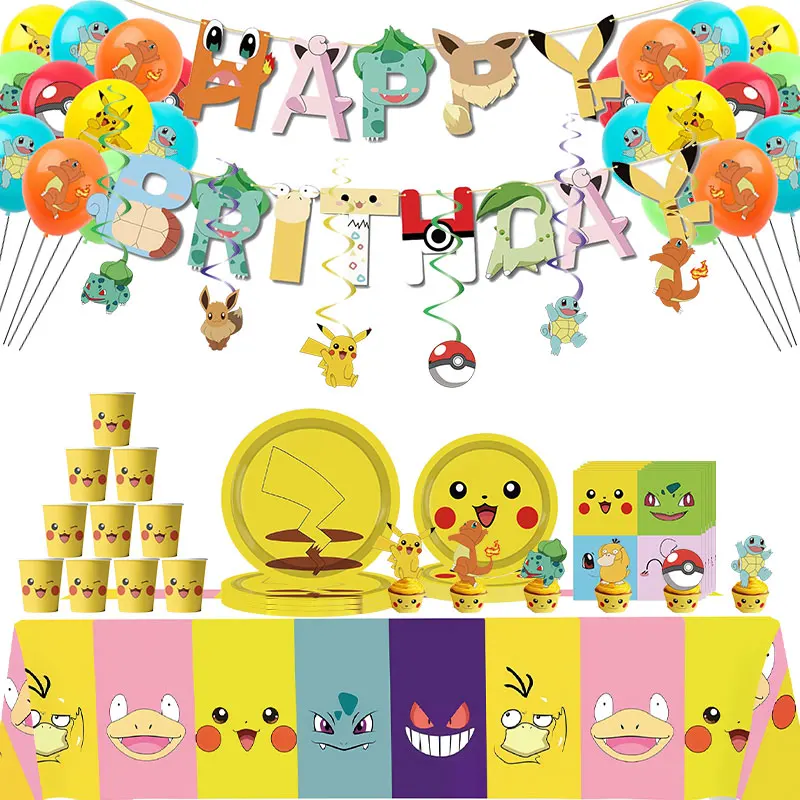 Juego de vajilla desechable con tema de Pikachu de dibujos animados para niños, decoración de fiesta de cumpleaños de Pokémon, taza, plato, globos,