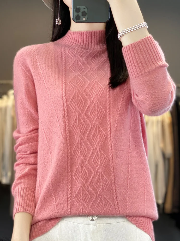 

Women Mock-Neck Pullover 100% Merino Wool Sweater Autumn Winter Long Sleeve Jumper Cashmere Knitwear Clothing 2024 New Fashion