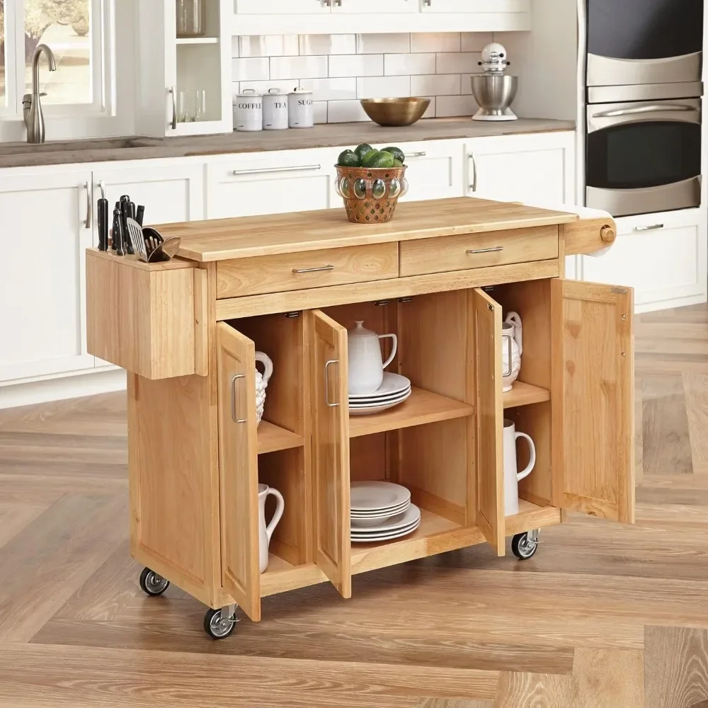 54 Inches Wide Trolley General Line Kitchen Mobile Cart With Drop Leaf Breakfast Bar Natural HardwoodFreight Free Storage Home