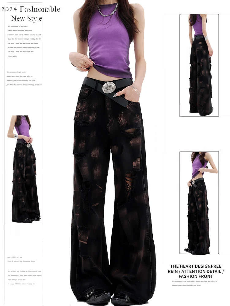 

Женские джинсы с расклешенными дырками Abi Y2k Bootcut Jeans Рваные длинные брюки Tie Dye Design Джинсовые брюки Dark Academia 2000-х годов Клеш-клеш