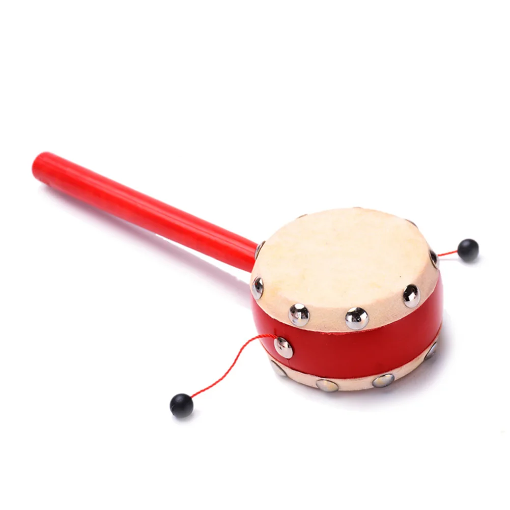2Pcs Rattle Drum Wooden Red Handle Traditional Sheepskin Drumhead Stimulates Baby Listening Early Educational Musical Instrument