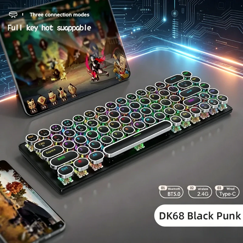 Retro Punk Mechanical Keyboard Wireless DK68 APAYADO Dynamic RGB Lighting,68Keys Bluetooth Tri-Mode Connection,Full-key Hot-Swap