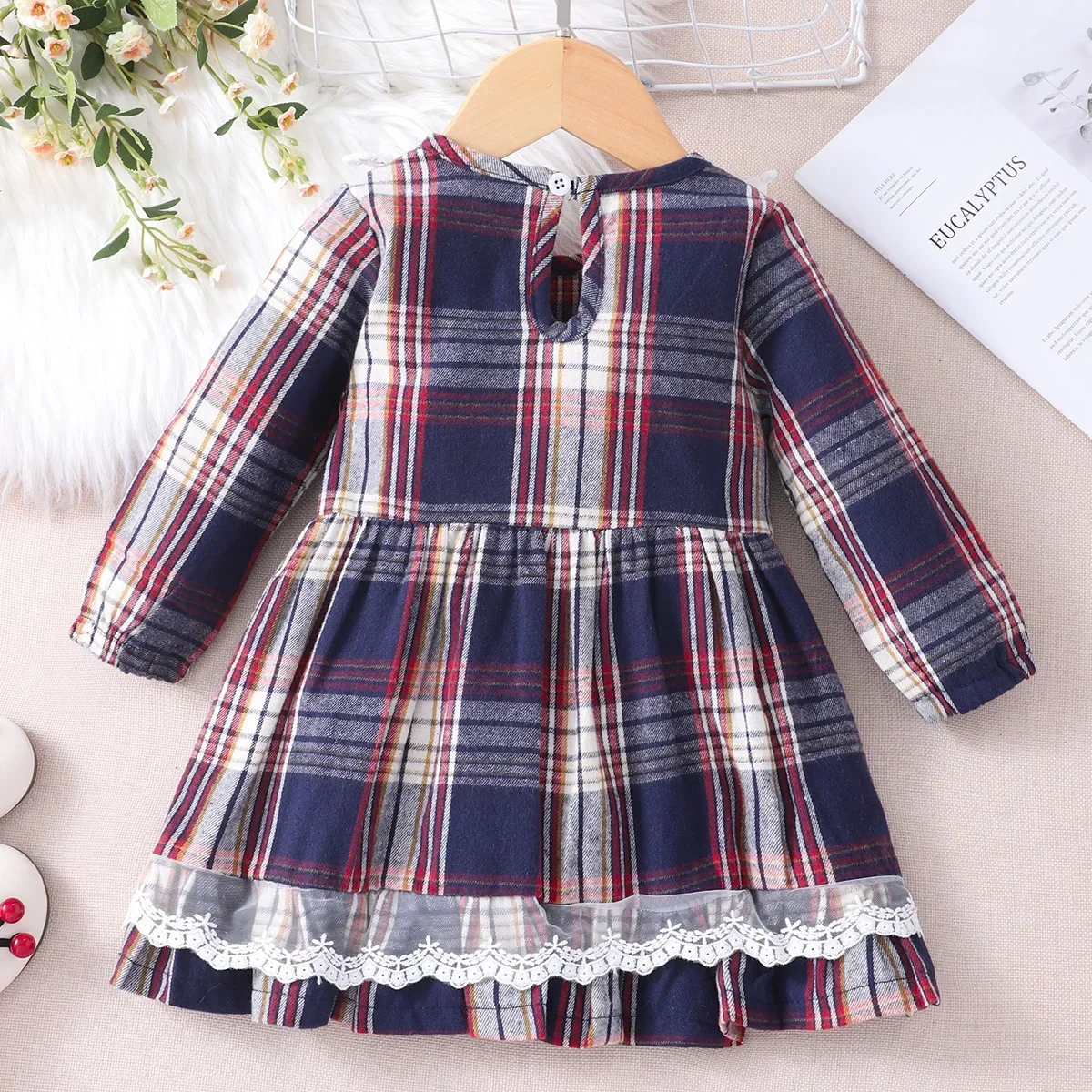 Autumn Winter 2023 Girls Infant/Toddler Long Sleeve Dress Plaid Lace Cotton Cute Casual Children\'s Outfit